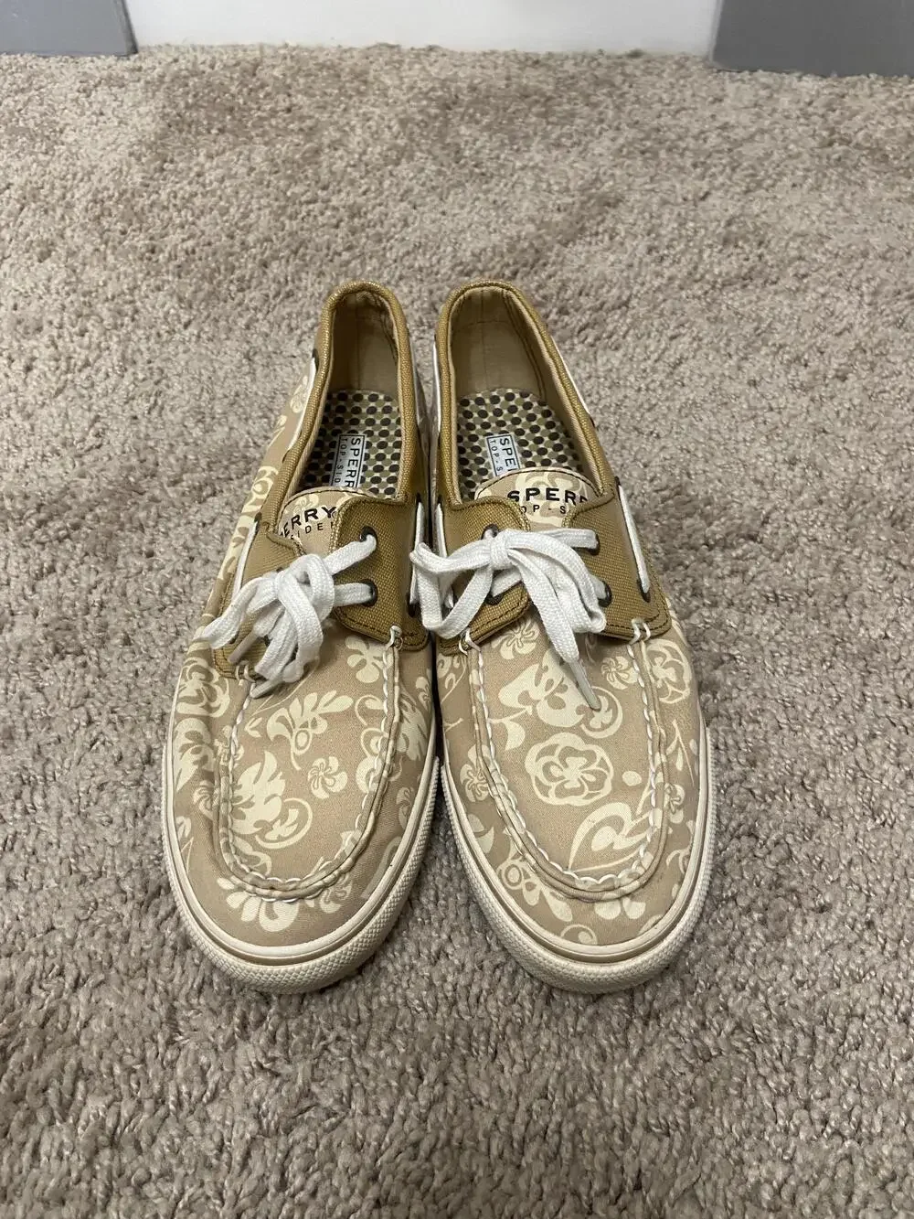 Sperry Top-Sider Boat Shoes Womens Size 9 Beige Floral Print Canvas Nautical
